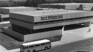 An overhead photo of the McKimmon Center shortly after construction