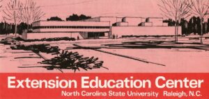 A stylized sketch of the McKimmon Center, black ink on a light red background. A heading below the sketch reads: Extension Education Center — North Carolina State University, Raleigh, NC