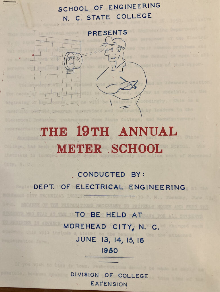 the cover of the 1950 meter school brochure, featuring an illustration of a man looking at an electricity meeter