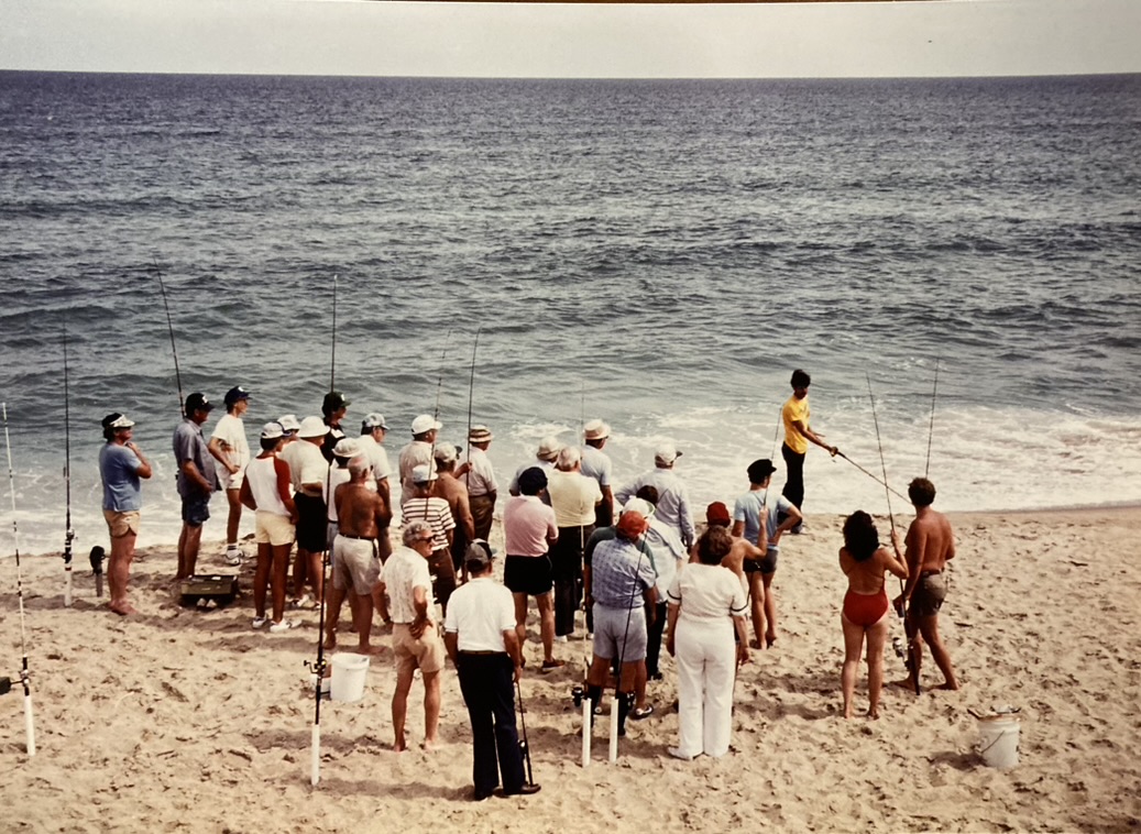 A group of attendees gather on the beach and observe a cast