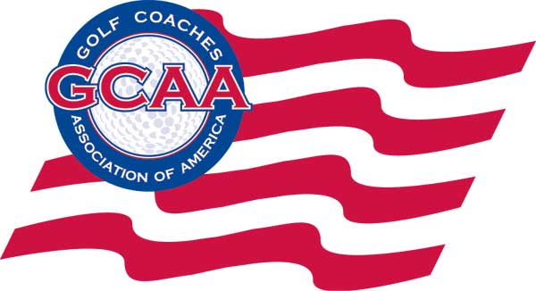 A logo of Gold Coachers Association of America that shows an American flag with a golf ball in the upper left corner