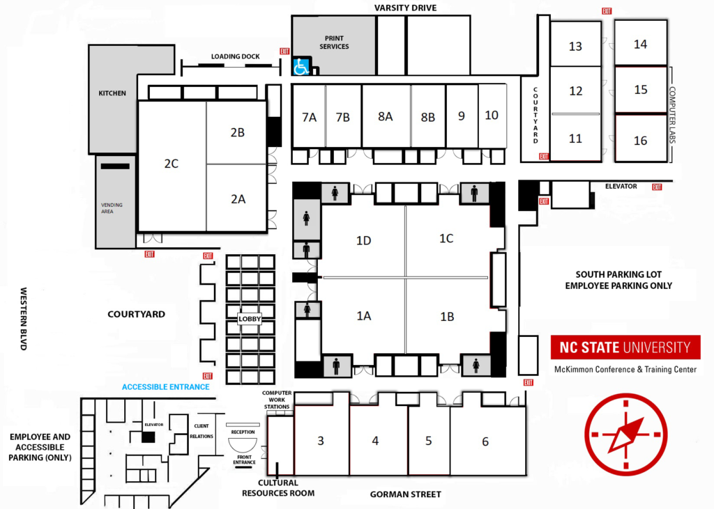 McKimmon Conference and Training Center Floor Plan.
North is to the left (and there is a face compass icon unrelated to directions on the map just to drive geoscientists extra mad). The main entrance is at the bottom of the map (west), off Gorman St. Room 2 is in the upper left corner (NE), straight past the Lobby. There is a courtyard to the left of the Lobby and restrooms to the right of the Lobby directly across the hall from Room 2.
