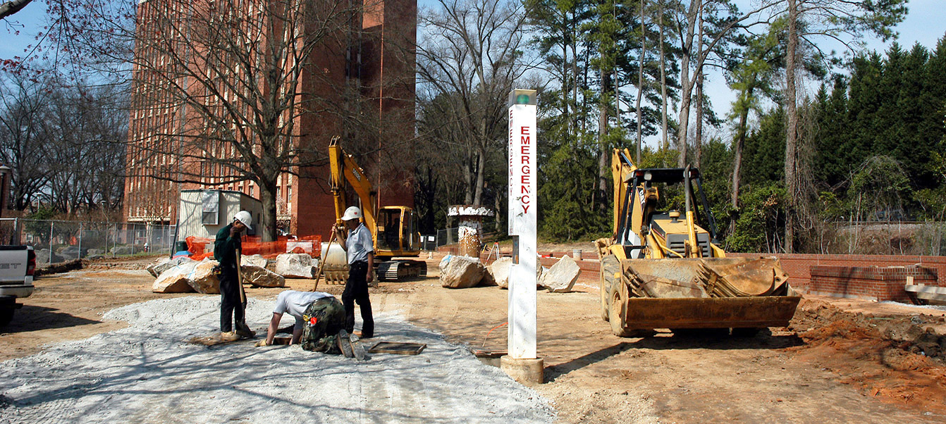 Construction on the Free Expression Tunnel near Carroll Residence Hall.