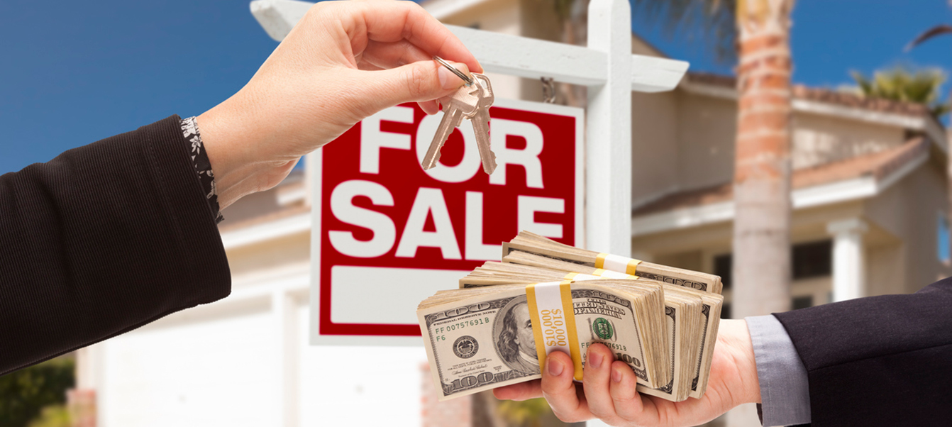 Agent Handing Over Keys, Buyer Handing Over Cash for House