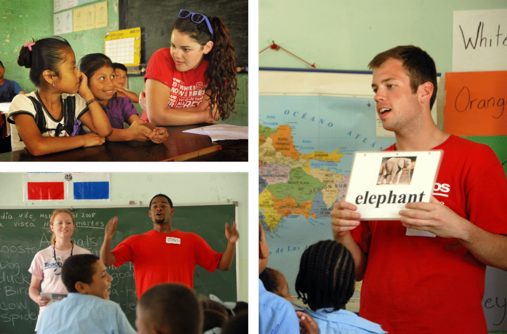 Collage of NC State students teaching English to elementary school children in Latin American and the Caribbean.
